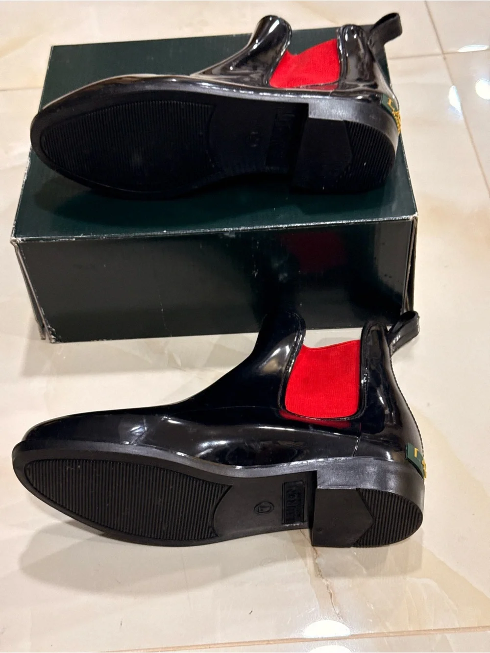 Polo by Ralph Lauren Black Patent Chelsea Boots with Red Elastic